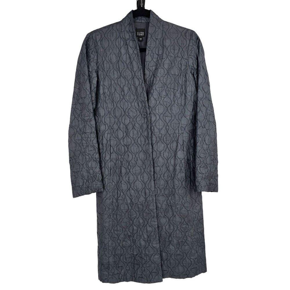 Eileen Fisher Tussah Silk Quilted Duster XS Gray Long Jacket Lagenlook‎ Luxury